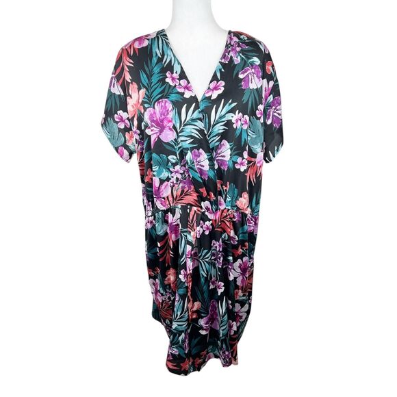 Bobeau 1X Plus Size Dress Women Black Purple Floral Surplice Casual - Picture 1 of 14